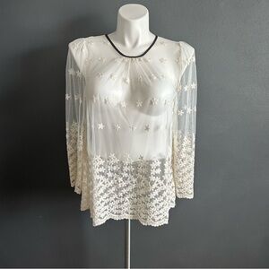 Ryu Anthropologie Mesh Embroidered Long Sleeve Blouse L